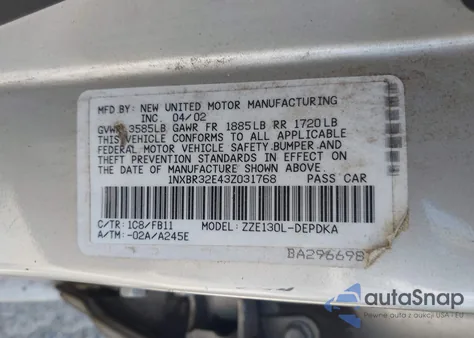 2003 Toyota Corolla Ce из США, поврежденный, VIN 1NXBR32E43Z031768